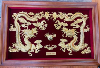 Tranh Song Long chầu nguyệt mạ vàng 24K | King Gold Art