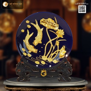 Đĩa Men Ngọc Cá Chép Hoa Sen Dát Vàng 24K