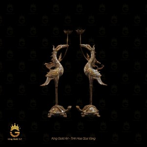 Đôi hạc đồng đồng đỏ khảm ngũ sắc 