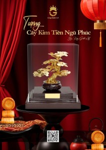 Tượng Cây Kim Tiền Ngũ Phúc dát vàng – Quà tặng vàng Trung Thu cao cấp